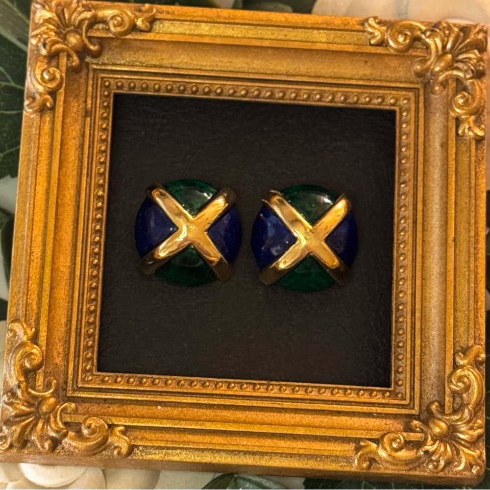 VTG Fabulous Blue and Green Marbled Enamel Goldtone Earrings - Picture 6 of 15